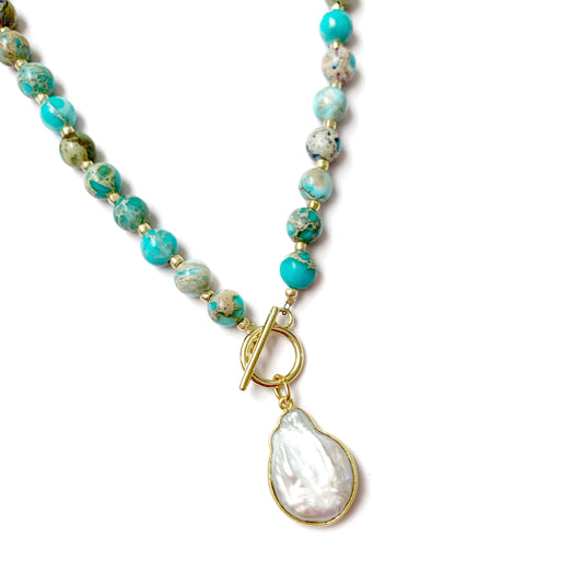 Mottled Aqua Jasper & Pearl Necklace