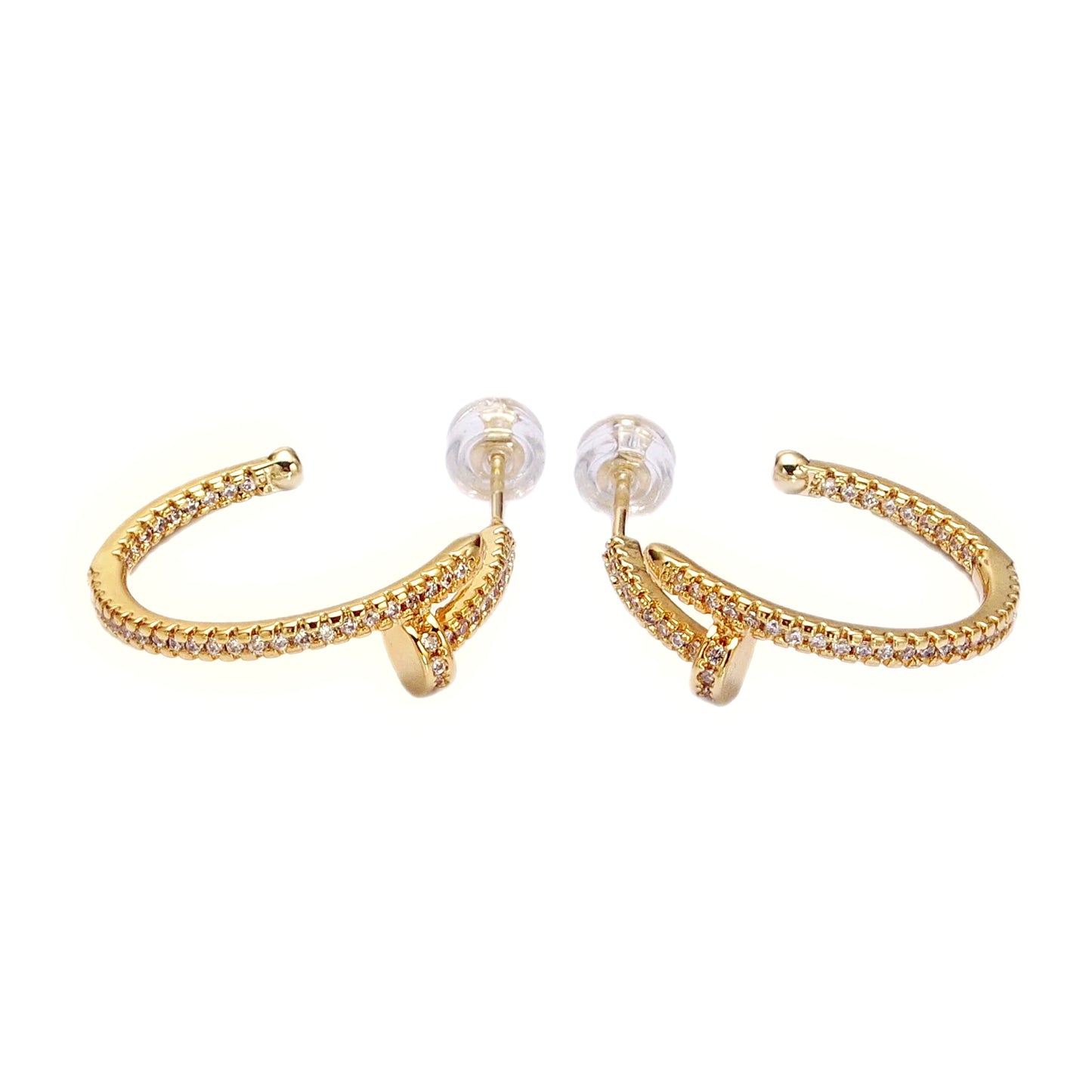 CZ Encrusted Nail Hoop Earrings in Gold