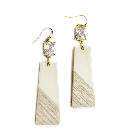 Off White Wood Sparkly Square Earrings