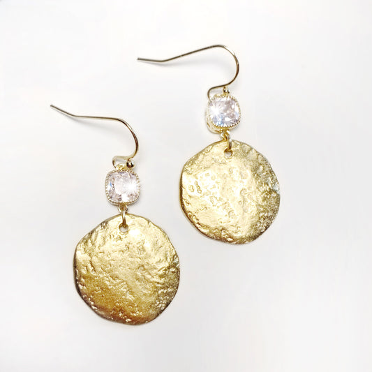 Gold Dangle Disc Earrings with Sparkly CZ Crystals