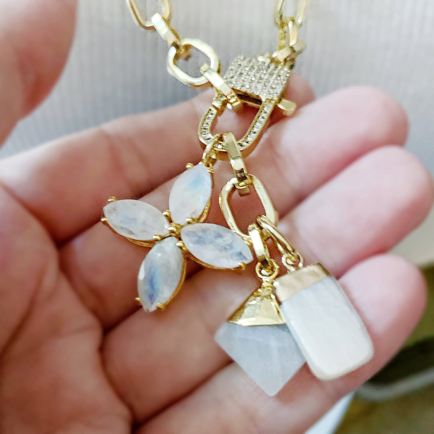 Long Moonstone Charms & Chain Necklace