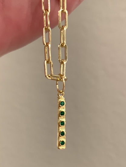 Emerald Stick Pendant Necklace on 14K Gold Paperclip Chain