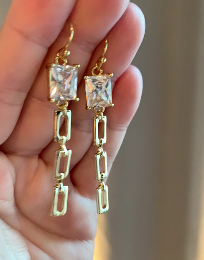 Sparkly CZ Dangle Earrings with Gold Link